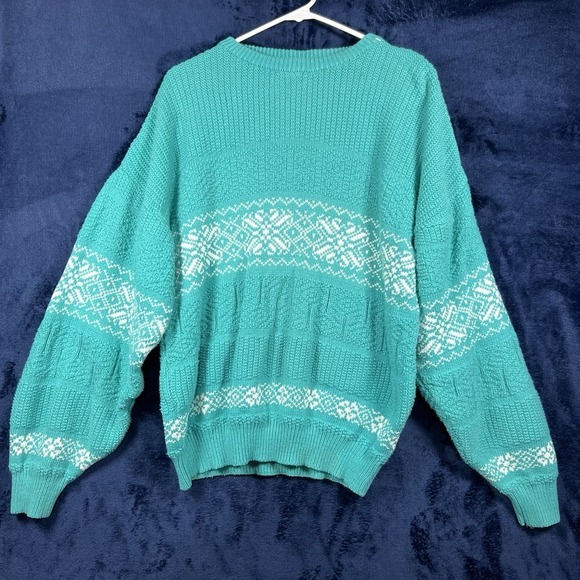 Vintage Saks Fifth Av Teal Sweater‎ Made In Italy XL White Snowflake Pattern - Picture 1 of 15